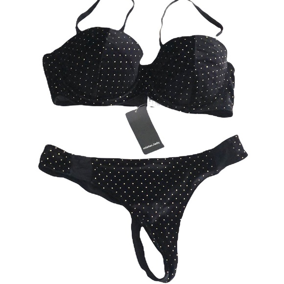 Classy Black Studded Velvet Bra Thong Set - Picture 2 of 9